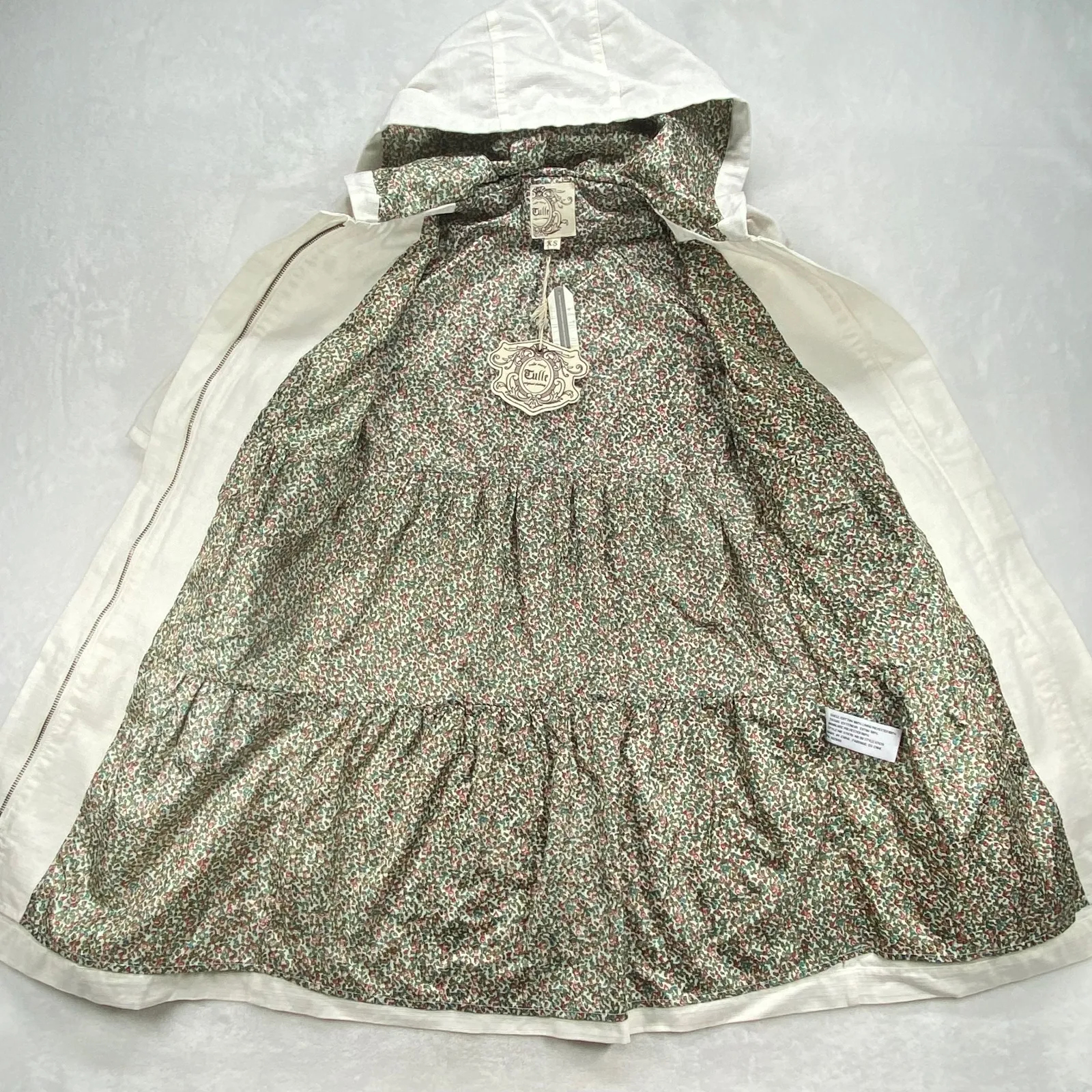 Tulle Hooded Trench‎ Coat Floral Lined Lightweight Jacket White XS - Image 5