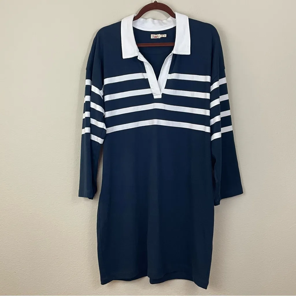Faherty Navy Striped Rugby Jersey‎ Long Sleeve Henley Dress Nautical Size XL - Image 4