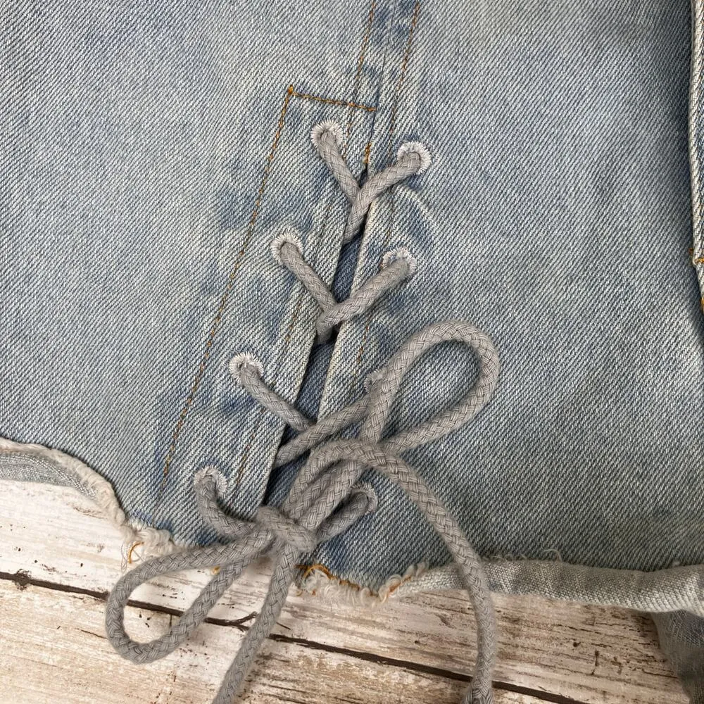 Micro Denim Shorts Sz Sm Light Wash Lace up Thigh High Rise Festival Boho Hippie Blue - Image 3