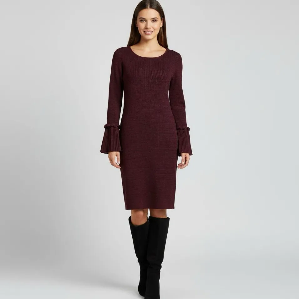 New Nina Leonard Bell Sleeve Midi Sweater Dress Wine Burgundy Ribbed Knit Sz L - Image 12