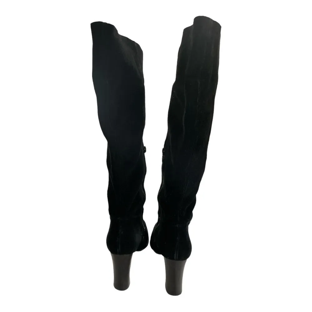 APOSTROPHE Black Suede Knee High Heel Zip Up Fold Over Cuff Style boots 3.5” - Image 10
