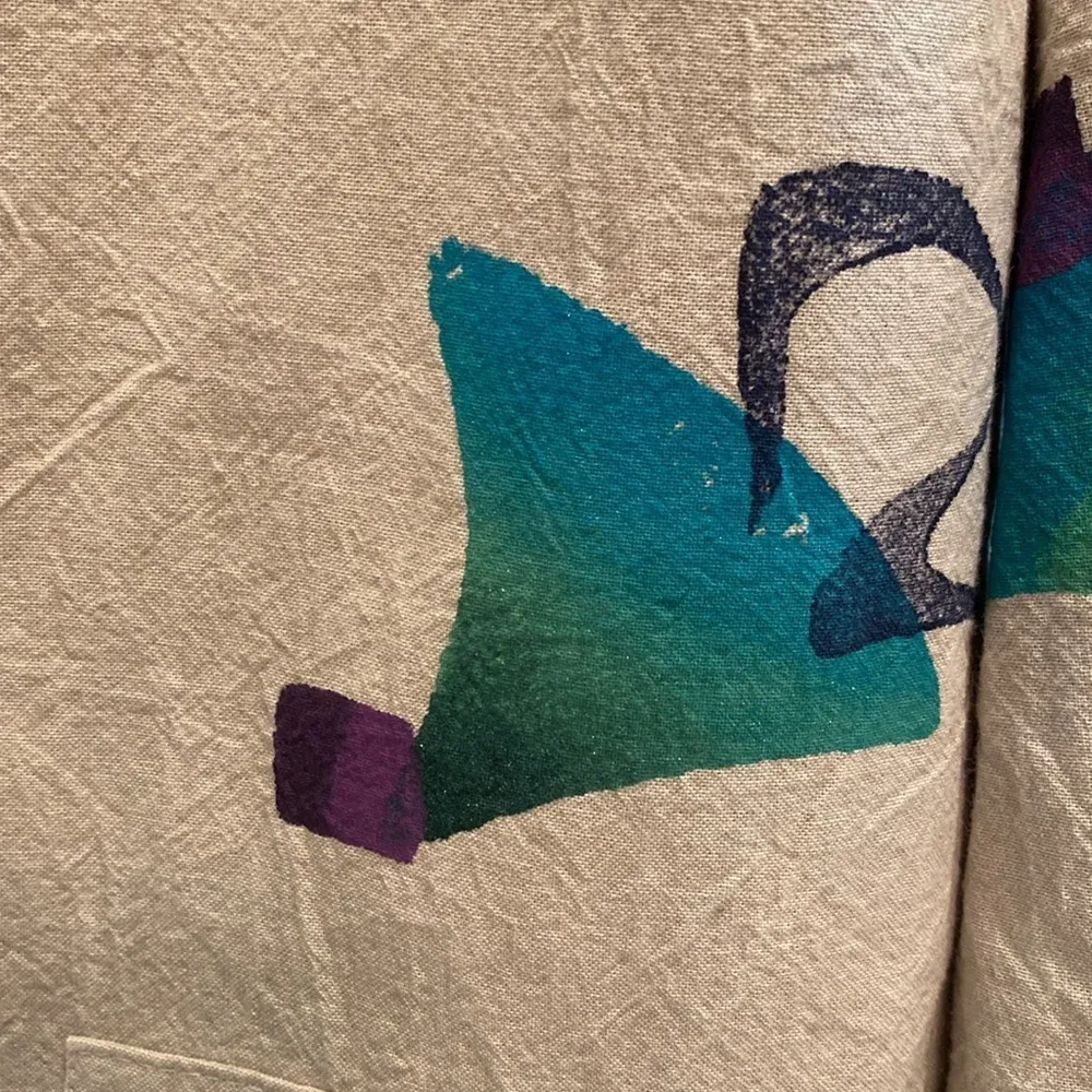 Play Alegre Hand Painted V Neck Boxy L/S Bls Jacket Draw Waist Cotton Oatmeal XL Green - Image 3