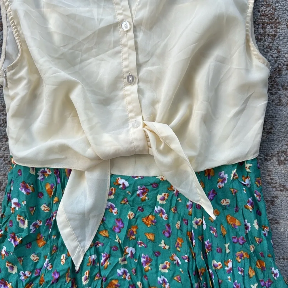 Reverse  Tie Front Button Down Sleeveless Floral Dress Cream Green Medium - Image 2
