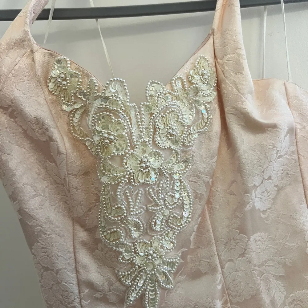 Vintage 90s Prom Dress Halter Sequins Beaded Pale Petal Pink Knee Length 7 / 8 - Image 2