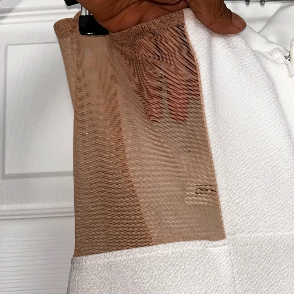 Strapless White Dress with Tan Mesh Side Panels - Image 3