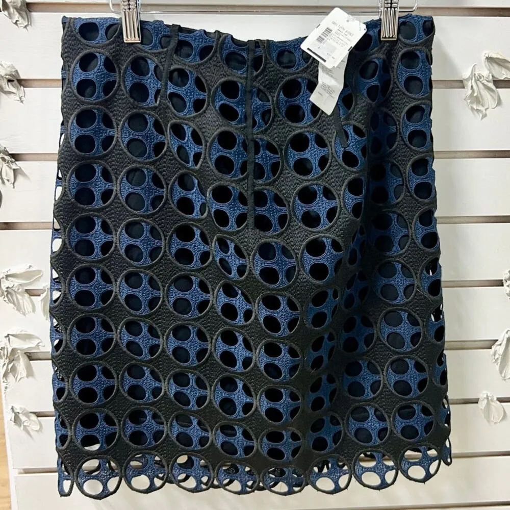 NWT Akris Punto Eyelet Laser Cut Lace Layered Mini Skirt Nero-Blu Mare Women's M - Image 2