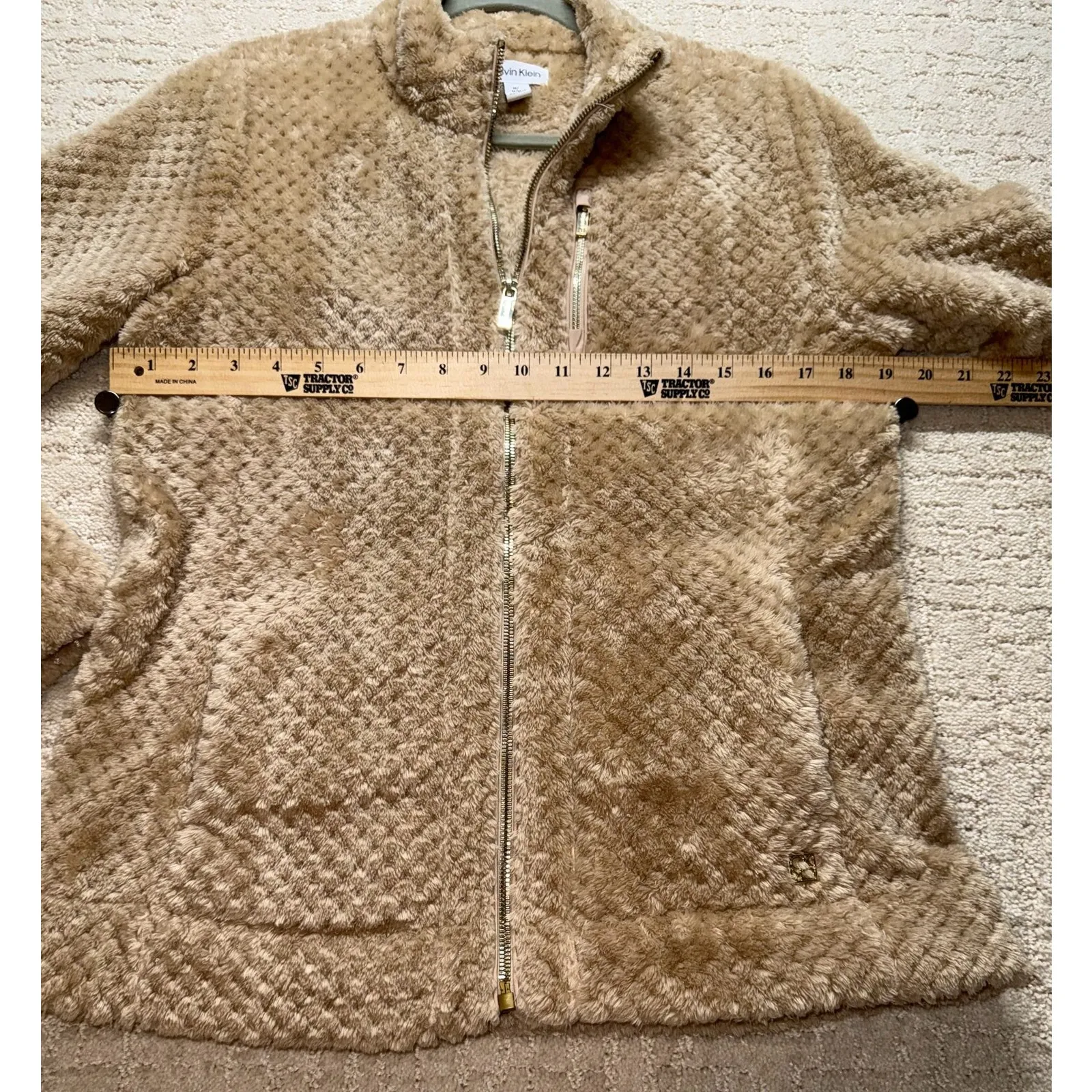 Calvin Klein  Velour Fleece Jacket Men’s Medium Tan Textured Full Zip - Image 5