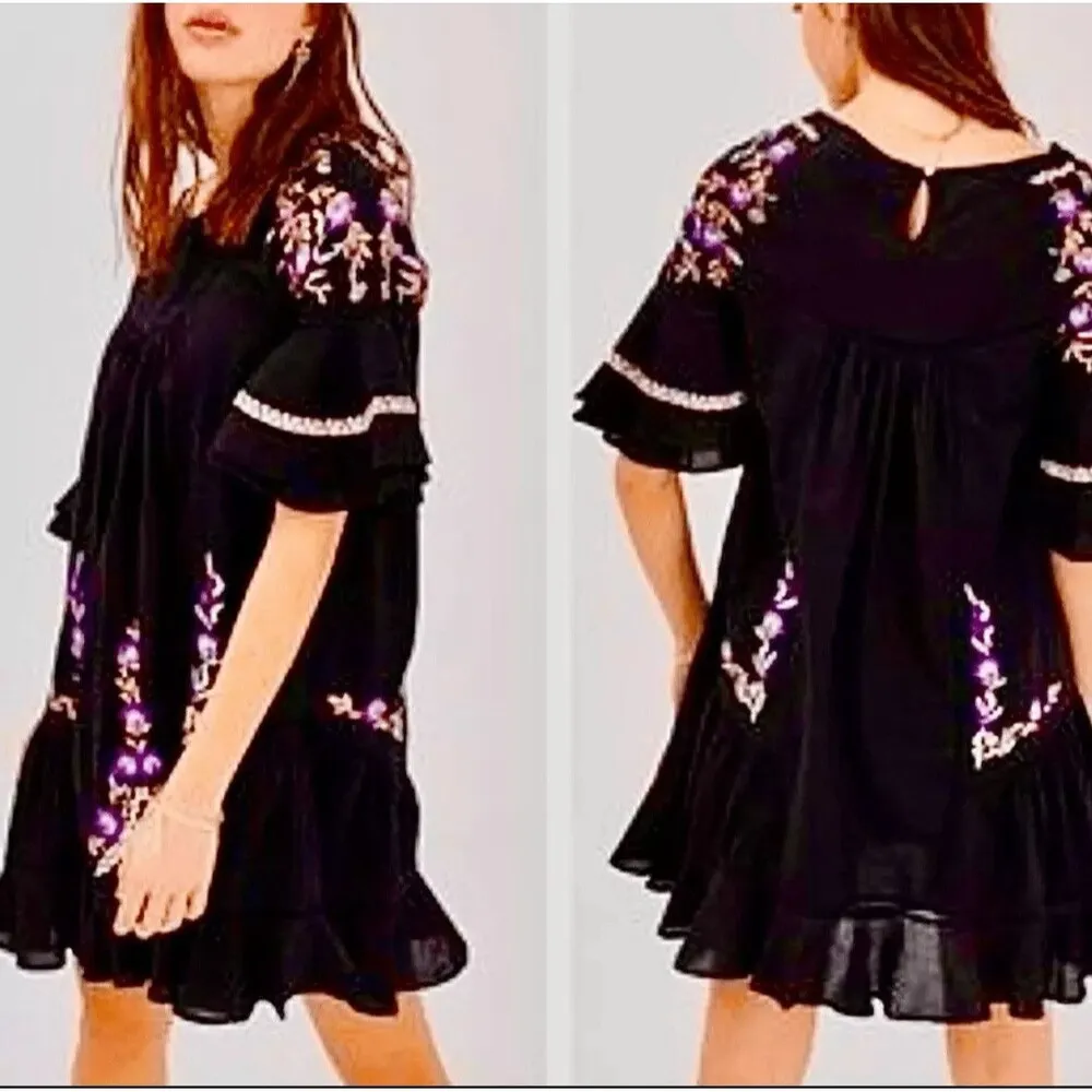 PAVLO 100% Cotton Embroidered Black Dress S Ruffle Boho 3/4 Sleeve - Image 3
