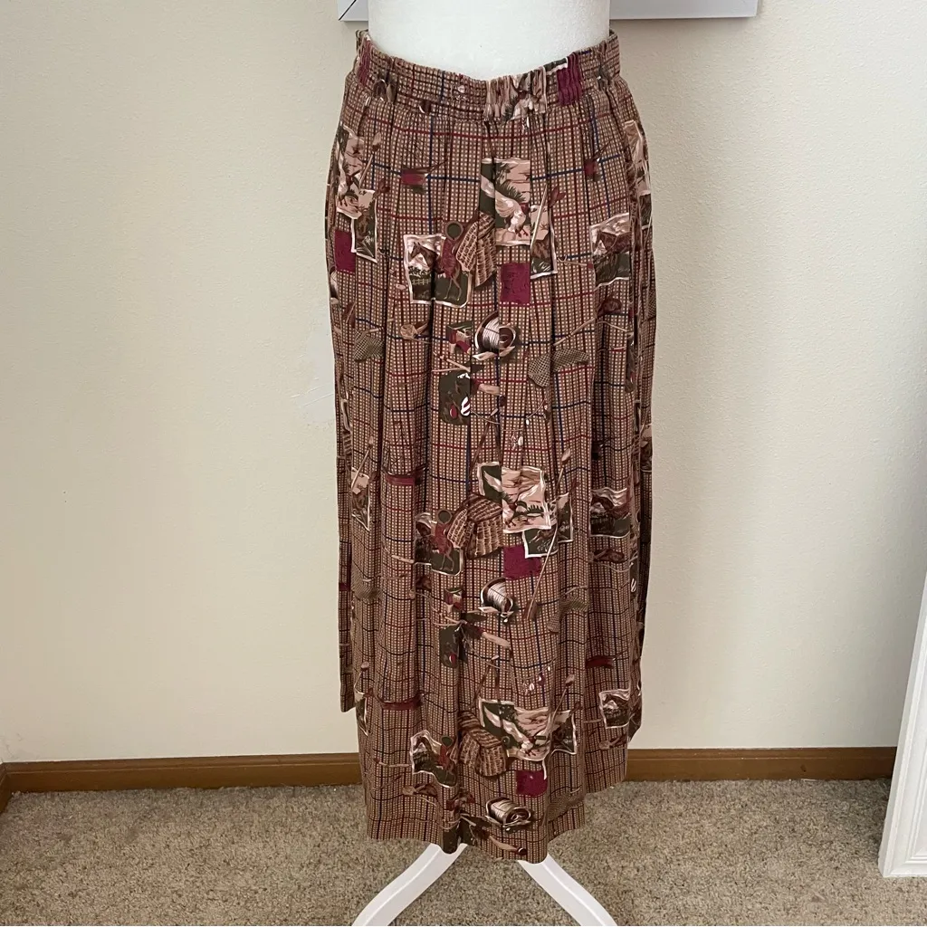 Vintage 80s 90s Prestwyck Novelty Equestrian Horse Plaid Midi Pleated Skirt US 8 Brown - Image 7