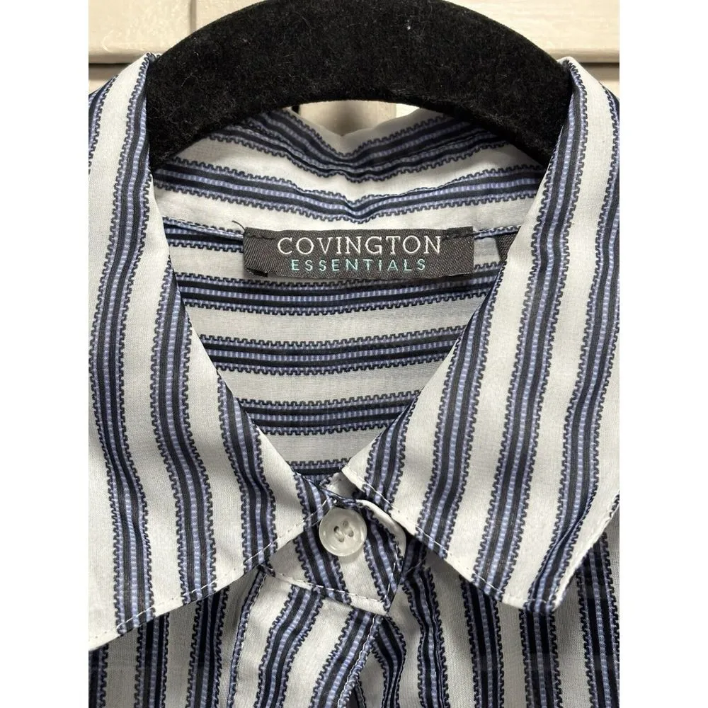 Covington Essentials Blue/White Stripe Long Tab Sl Button Up Blouse W/Tank Small - Image 3