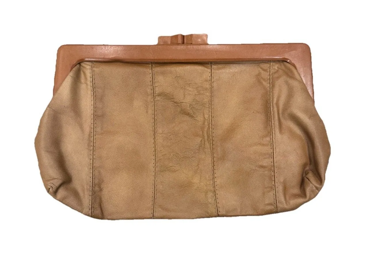 Vintage 1970’s Genuine Brown Leather And Wood Clutch Handbag With Kiss Clap - Image 1