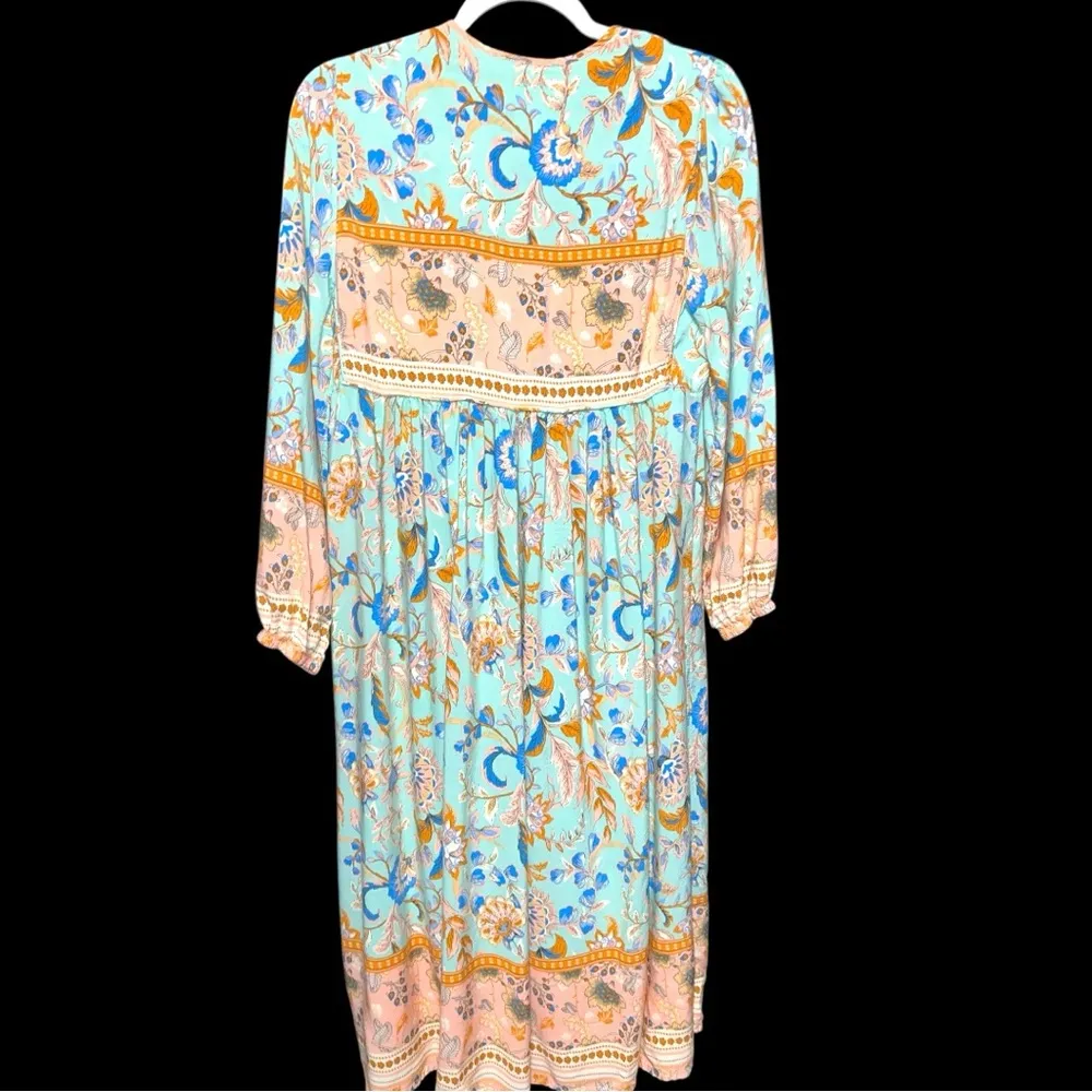 R.Vivimos Floral Bohemian Maxi Dress in Blue and Orange Green Size M - Image 5