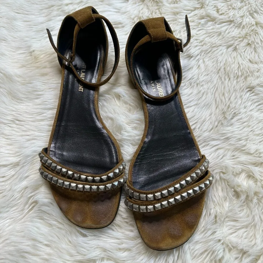 Saint Laurent Tan Studded Suede Ankle-Strap Flat Sandal Women's 38.5 - Image 3