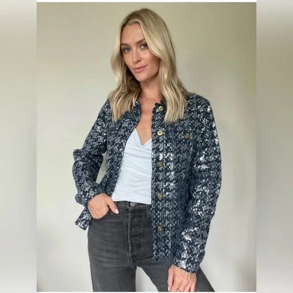 Six/Fifty Pixie Jacket Denim Sequin Blue Size Medium NWT - Image 9