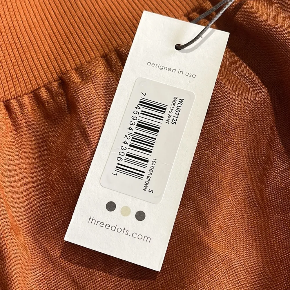 Three Dots NWT  Women's Brown Wide Leg 100% Linen Pant In Color Leather Brown - Image 3