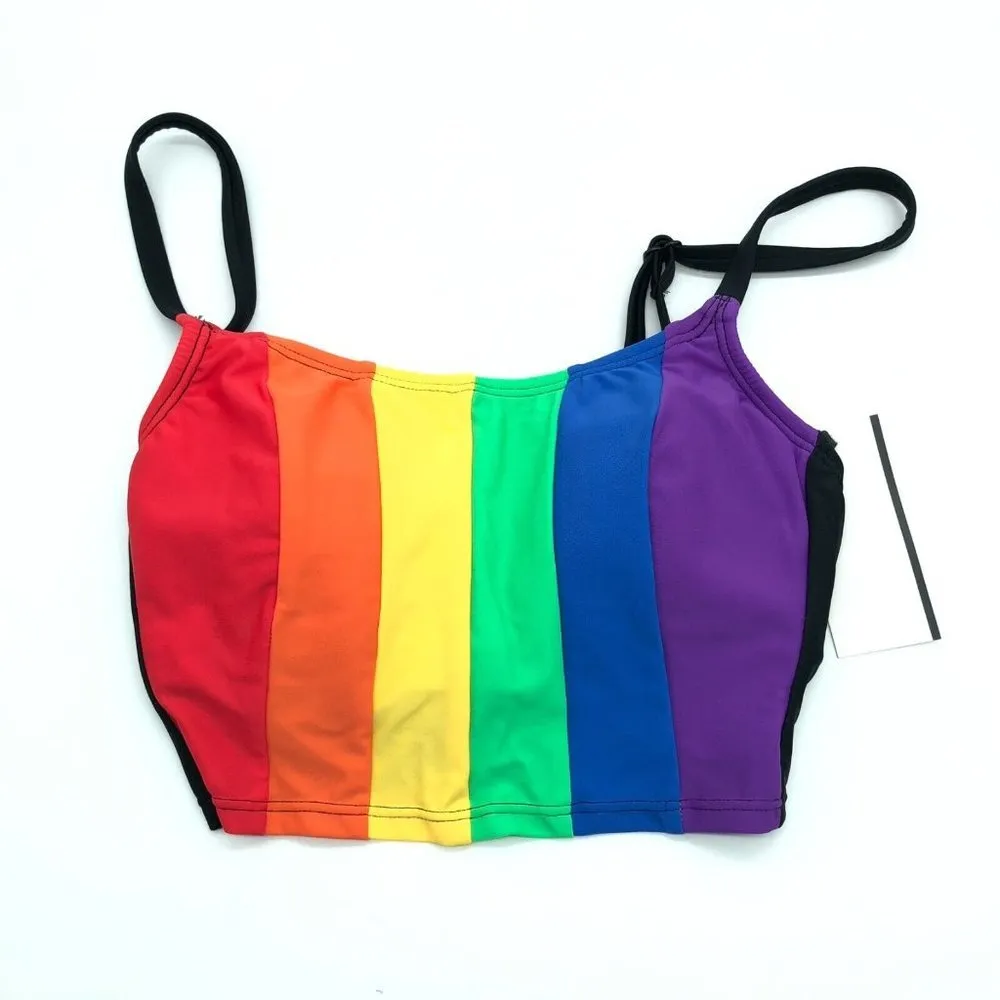 Sirena Bikini Top Tank Cropped Rainbow Striped Colorful Removable Cups XS Blue - Image 3