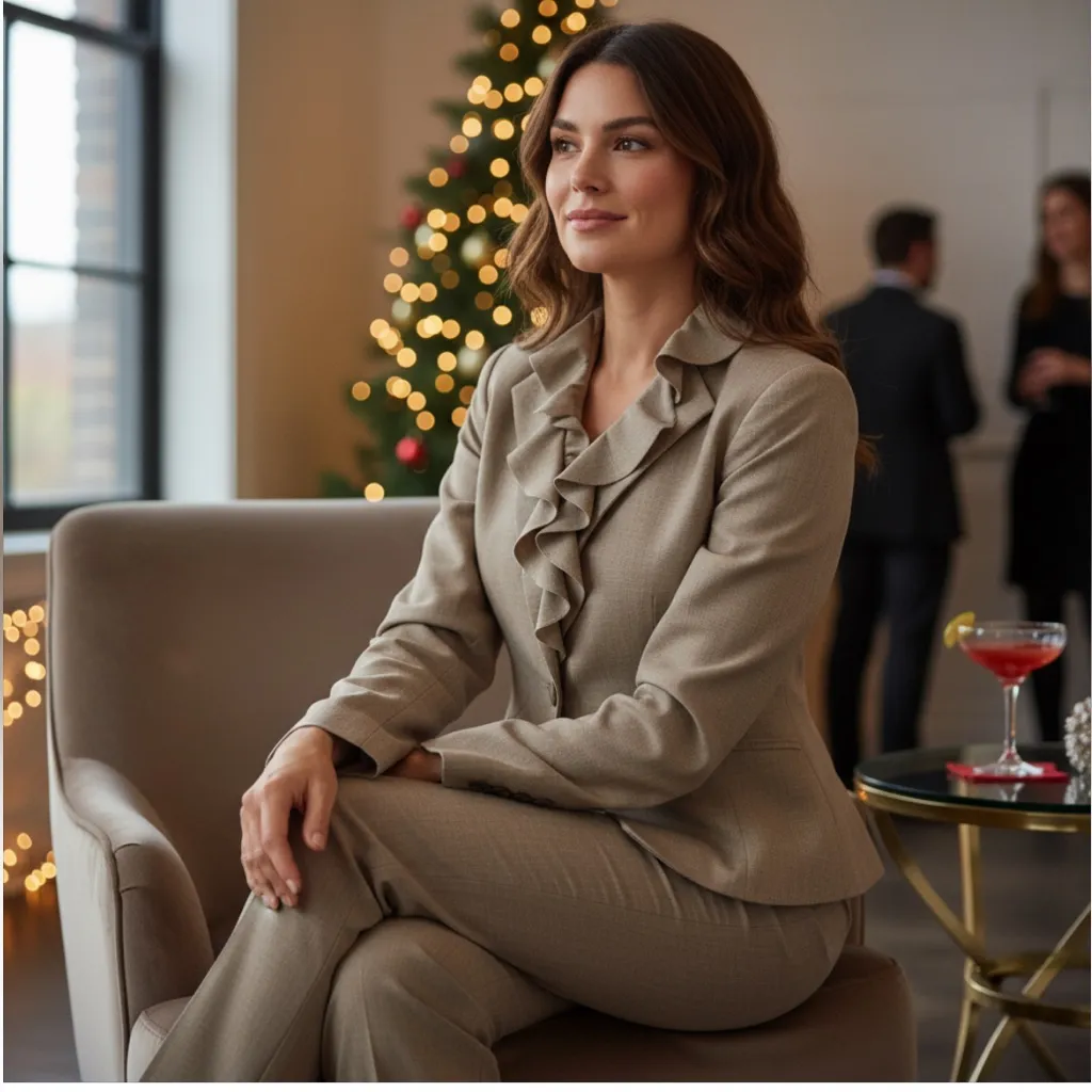 2 piece pantsuit tan with cute ruffles on one side of lapel! New! - Image 2