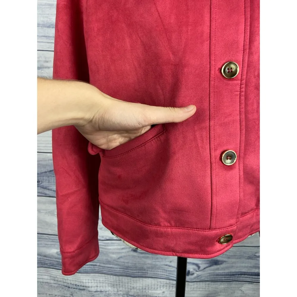 Chicos 0 Faux Suede Jacket Womens S Long Sleeve Collared Front Pockets Magenta - Image 5
