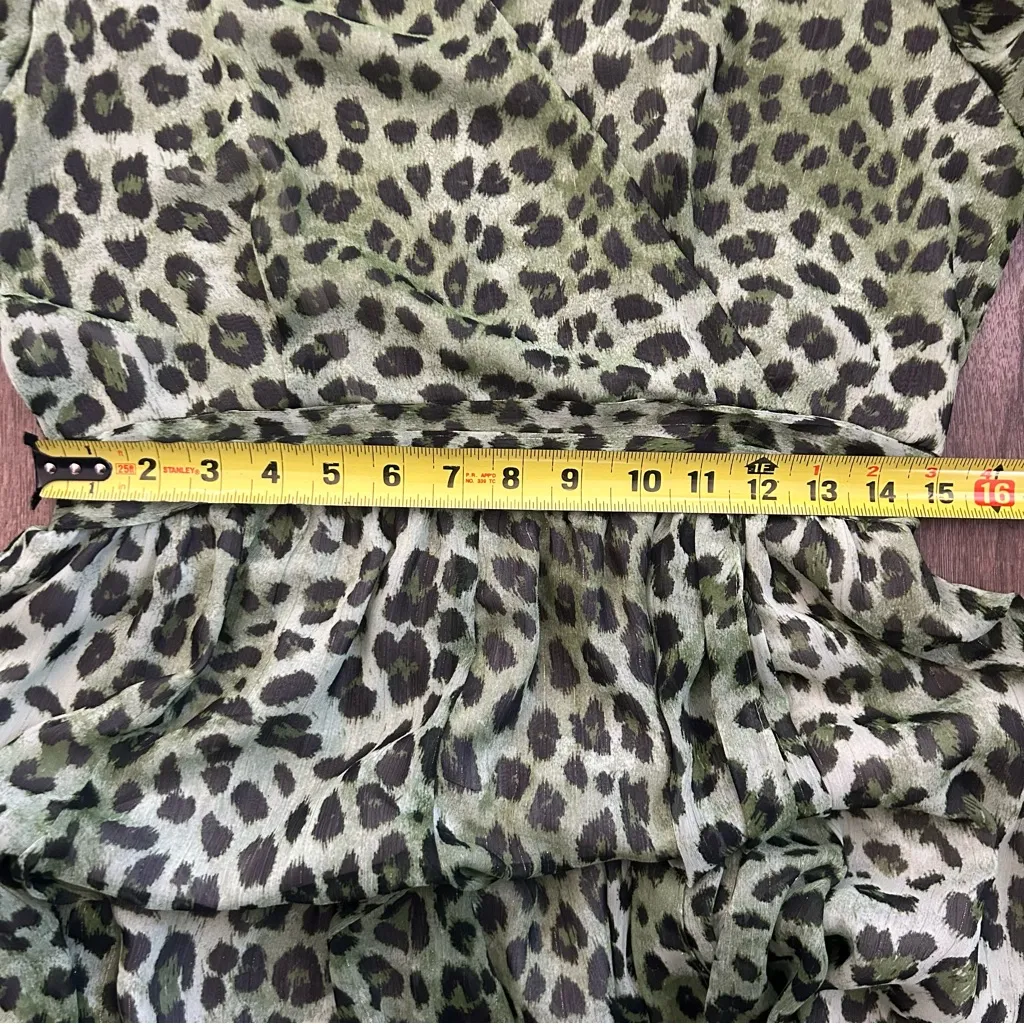 Zara Green Leopard Print Long Sleeve V Neck Gold Metallic Cocktail Mini Dress L - Image 9