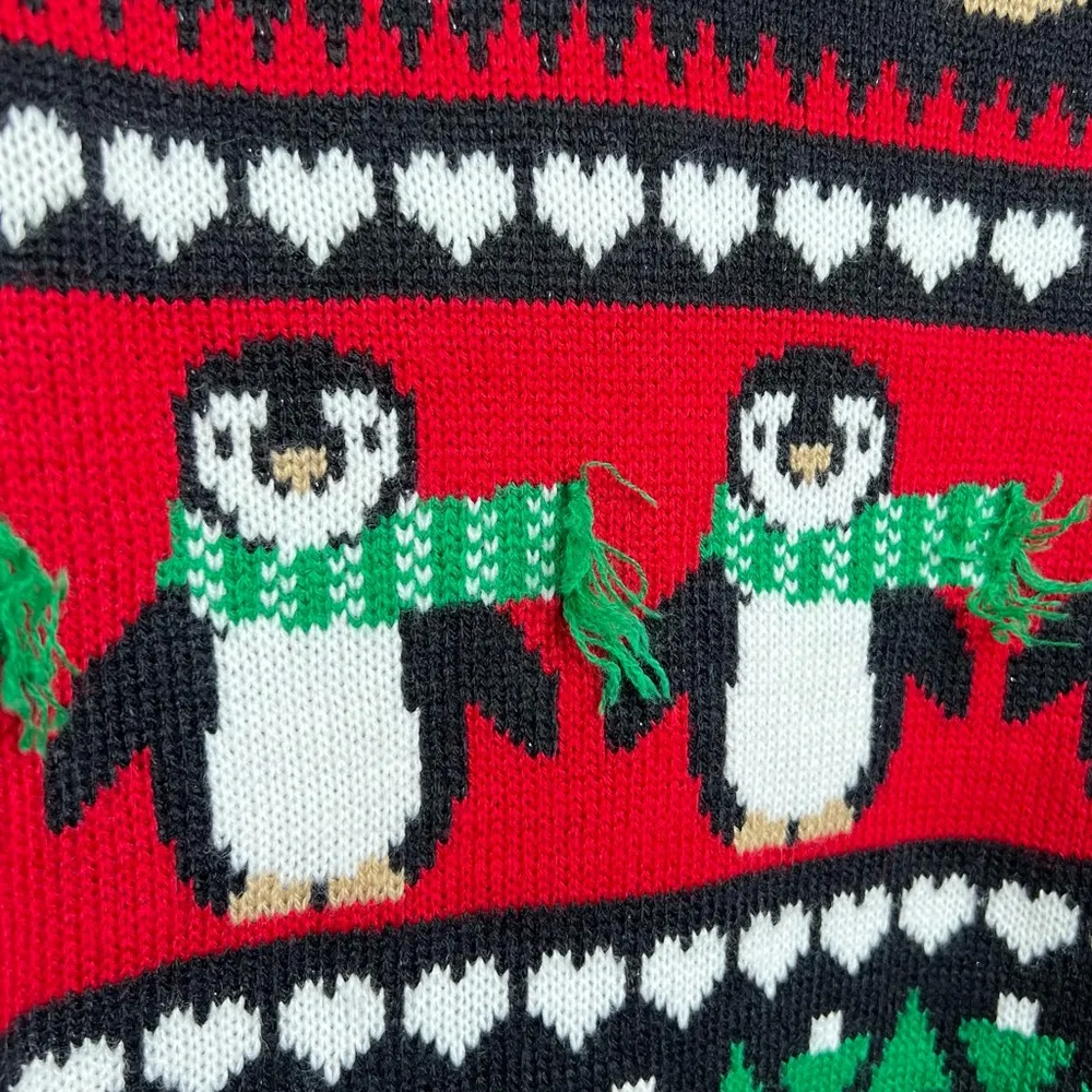 Holiday Christmas Sweater Women’s Medium Reindeer Penguins Trees Snowflakes - Image 3