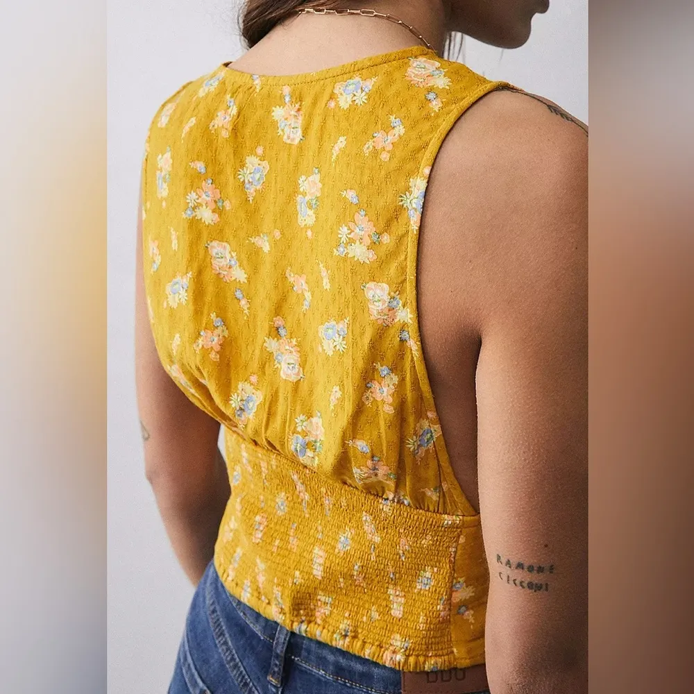 Urban Outfitters Yellow Floral Festival Flirty Button Down Halter Crop Top - Image 2
