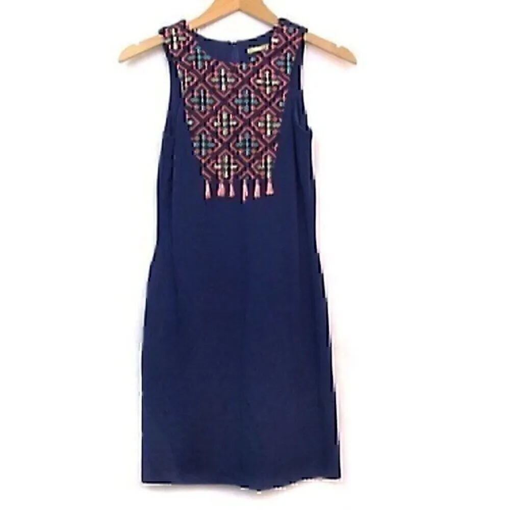 GIANNI BINI Navy Blue Pink Embroidered Boho Sleeveless Preppy Sheath Dress sz XS - Image 2