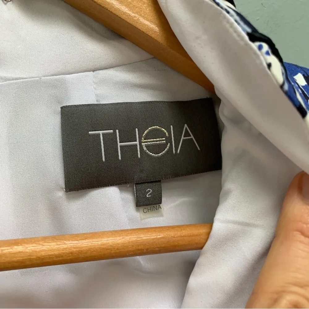 THEIA blue white print cap sleeve sheath pencil dress 2 - Image 6