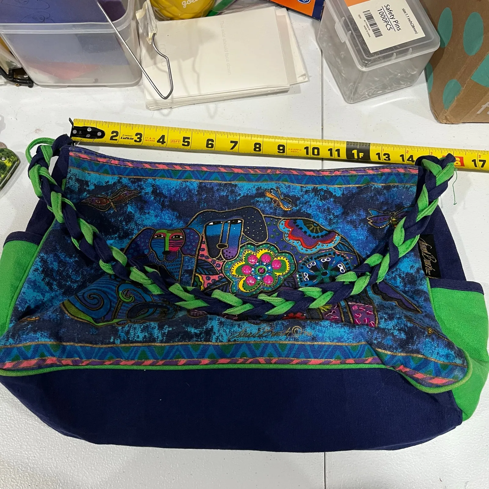 Laurel Burch Purse Shoulder Bag Colorful Vibrant Blue Dogs Sequins Canvas Tote - Image 9