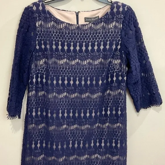 Jessica Howard Lace Shift Dress Navy Evening Layered Sz 12 Petite 3/4 Sleeve - Image 2