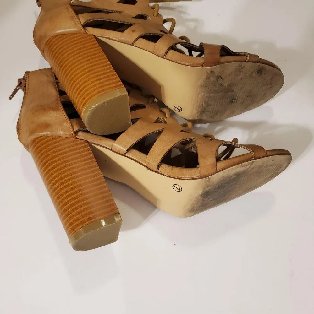 🔥SALE🔥Altar'd State Brown Caged Open Toe Lace Up Ankle Bootie 7 - Image 5