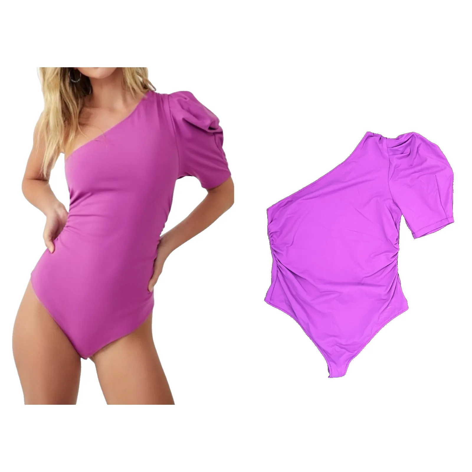 Free People One Shoulder Puff Sleeve L Bodysuit Magenta Ruched Side Stretchy - Image 6