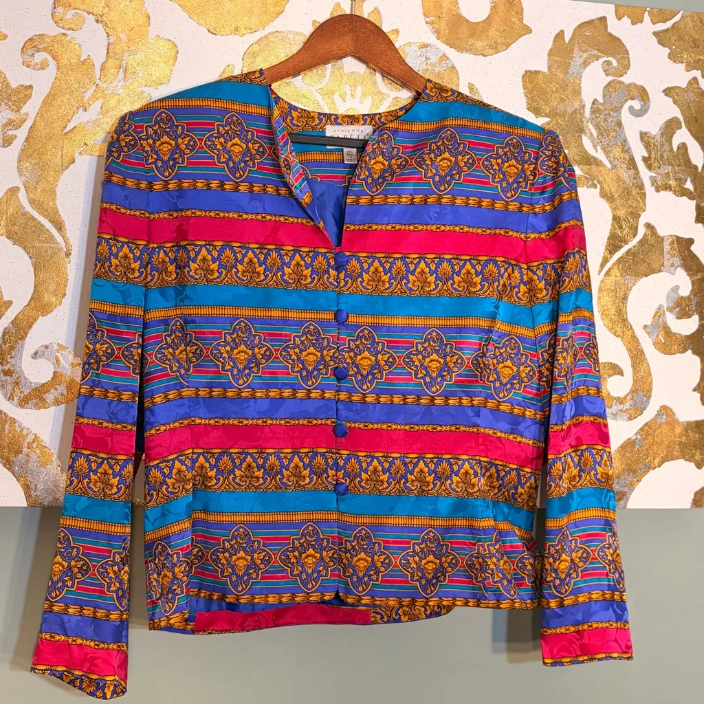 Adrianna Papell Size 14 Vintage 100% Silk Jewel Tone Paisley & Baroque Blazer - Image 9