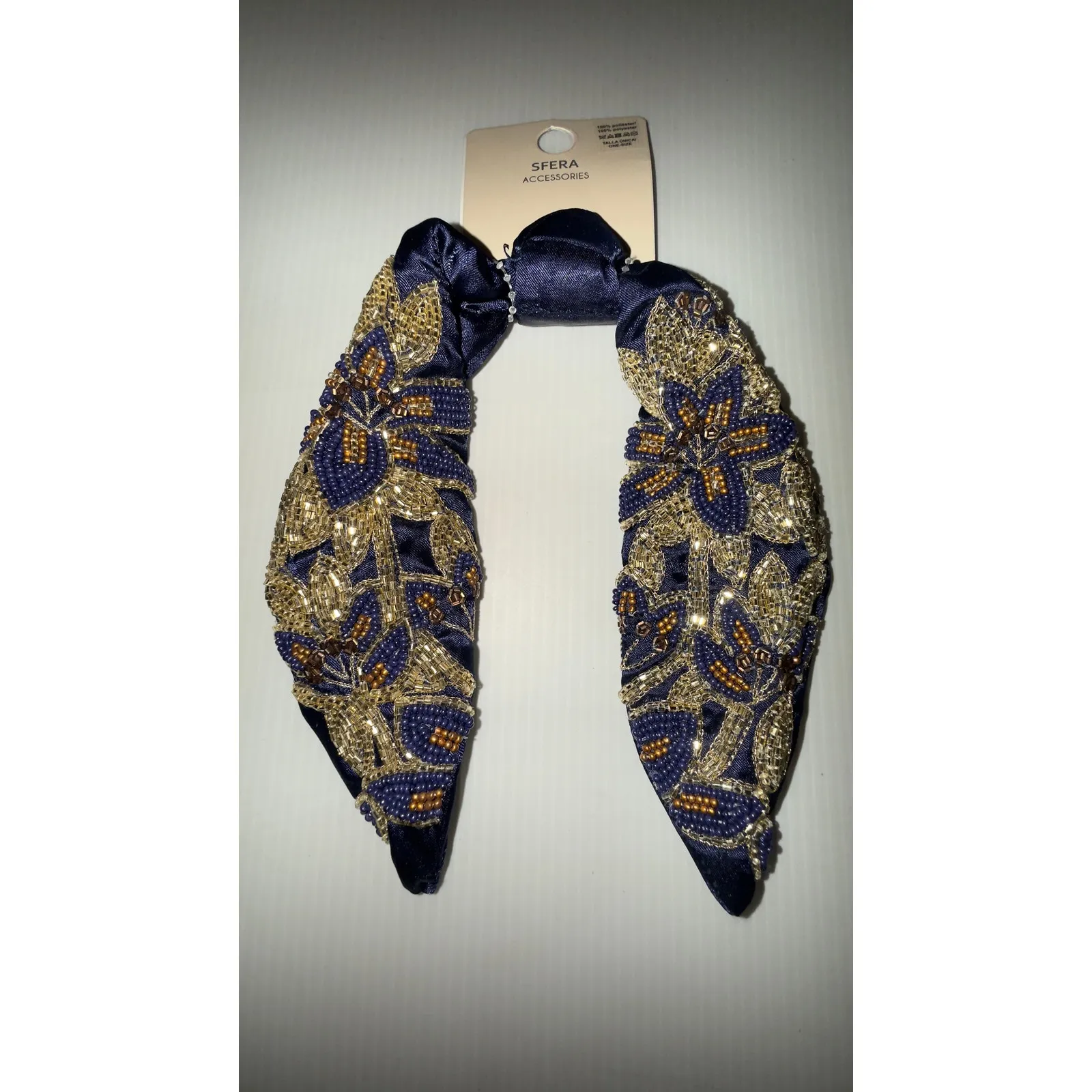 Embellished Beaded Floral Knot Headband Navy Blue Gold Women Hair Accessory NWT - Image 8