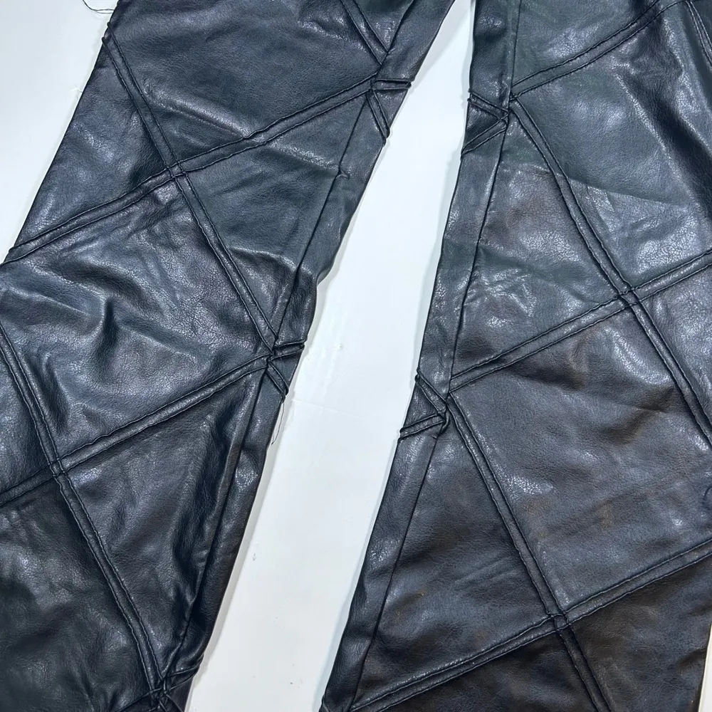 Vintage Y2K Heart Attack Faux Leather Pants Quilted Design Black Flare Leg Small - Image 3