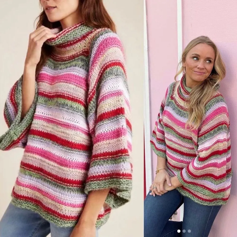 Anthropologie striped oversized bell sleeves turtleneck‎ sweater size small boho - Image 2