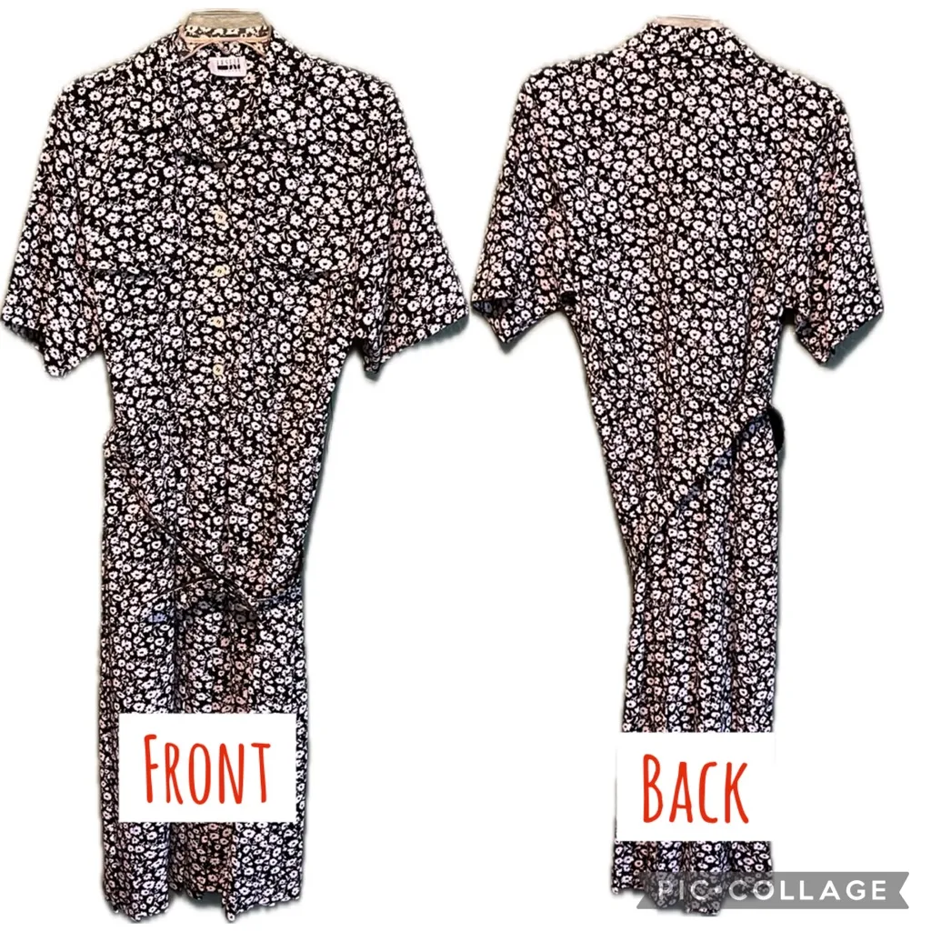 Vintage Leslie Fay Belted Shirt Dress Floral Black and White Button - Image 8