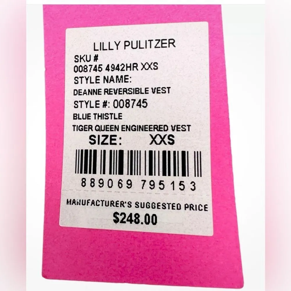 NWT LILLY PULITZER Deanne Reversible Down Vest Blue Thistle Tiger Queen - Image 4