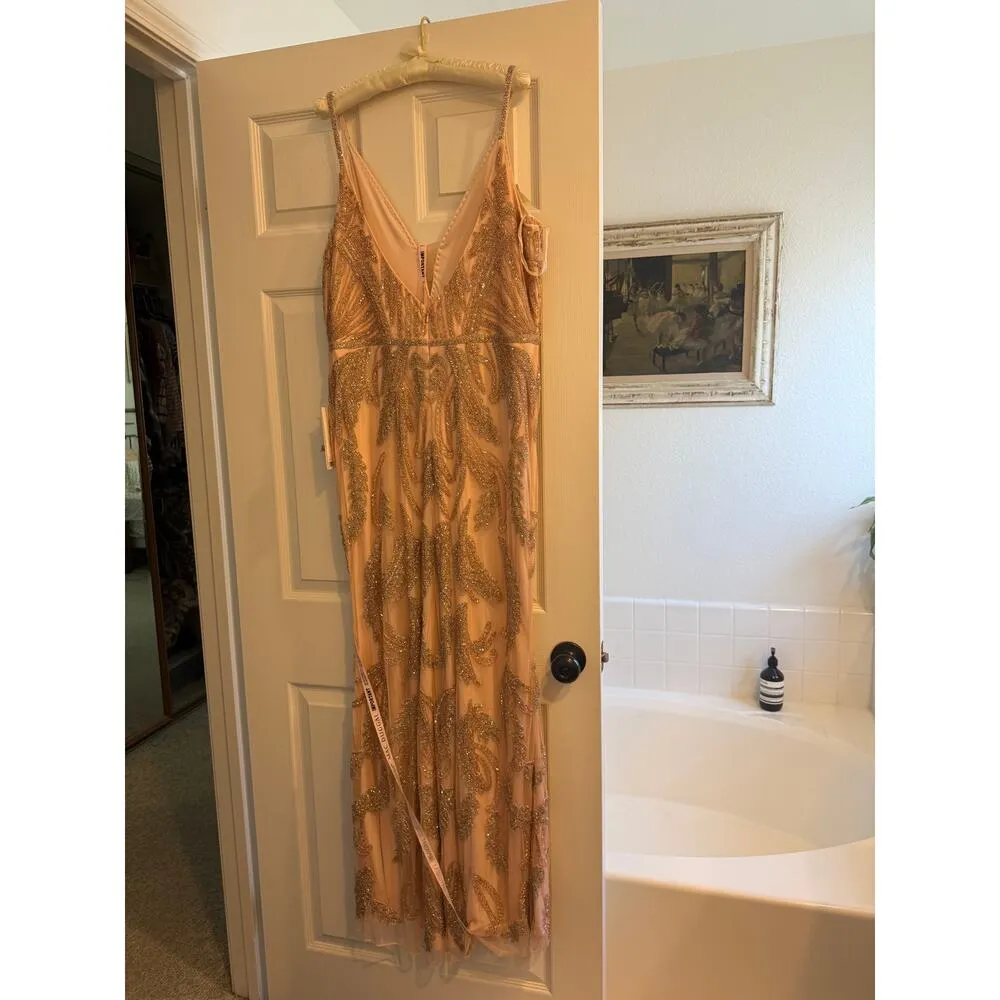 Mac Duggal 6015 Sequin Beaded Blush Gown Nude Champagne Formal Dress NWT 14 - Image 4