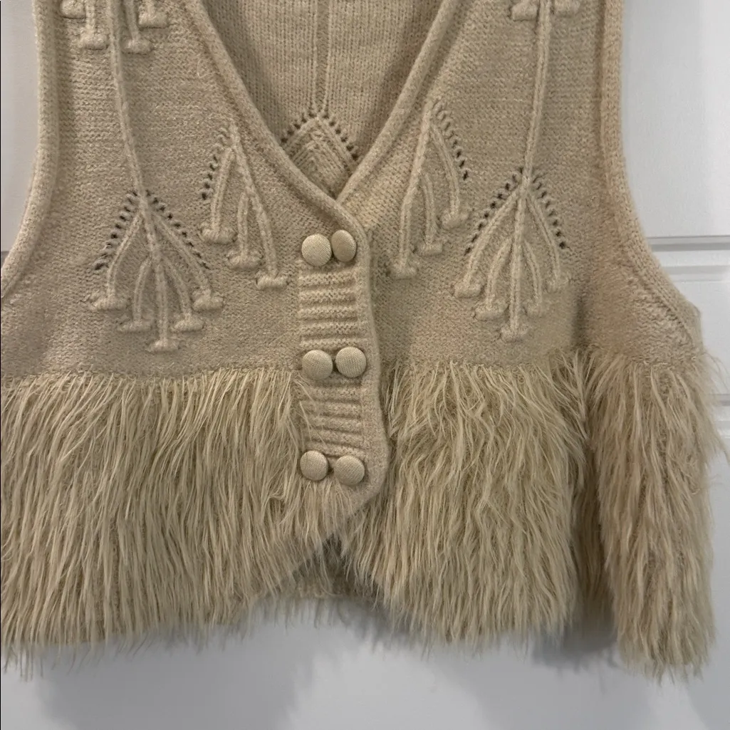 Alicedudu Beige Knitted Sweater Vest Button Front Whimsy Boho Chic small Tan - Image 3