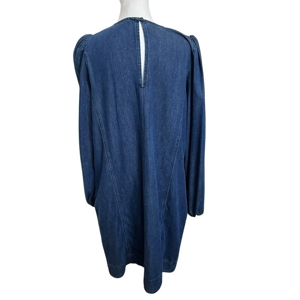 Boden Denim Shift Dress Size 14L Blue Long Sleeve Cotton Mini Blouson Casual - Image 4