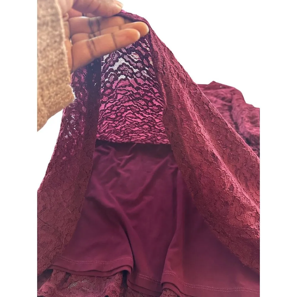 Susan Graver Womens Burgundy Lace Overlay Long Sleeve Tunic Top L Sheer Sleeves - Image 9