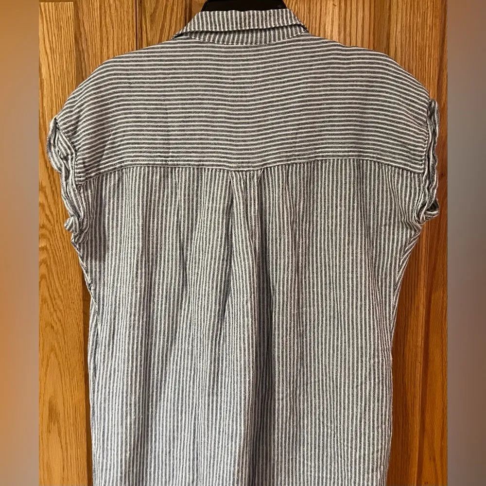 Thread & Supply Blue & White Striped Linen Frayed Hem Mini Dress Pockets Size XS - Image 12