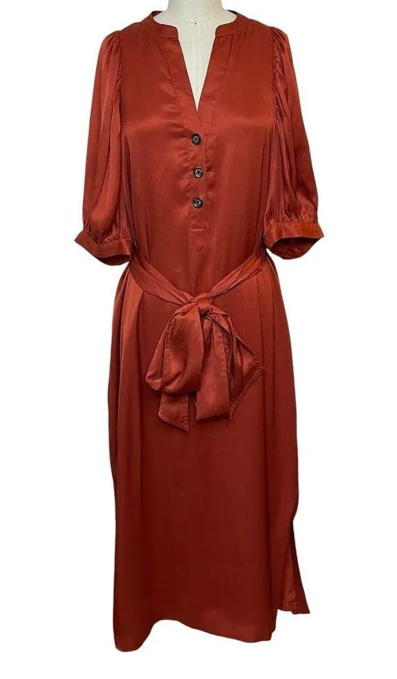 Ann Taylor Puff Sleeve Tie Waist Shirtdress In Bronze Red V-Neck Size Small - Image 5