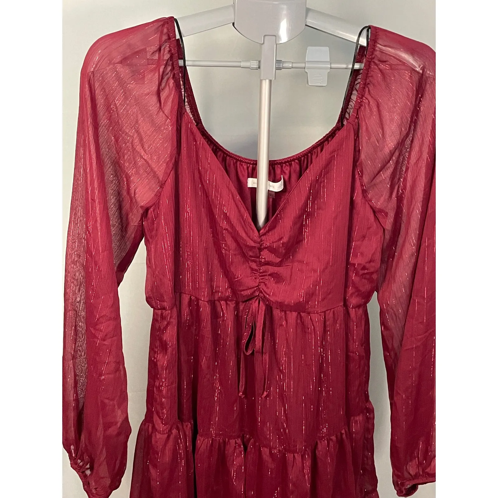 Altar State Burgundy Metallic Tiered Long Sleeve Babydoll Dress XL‎ - Image 2