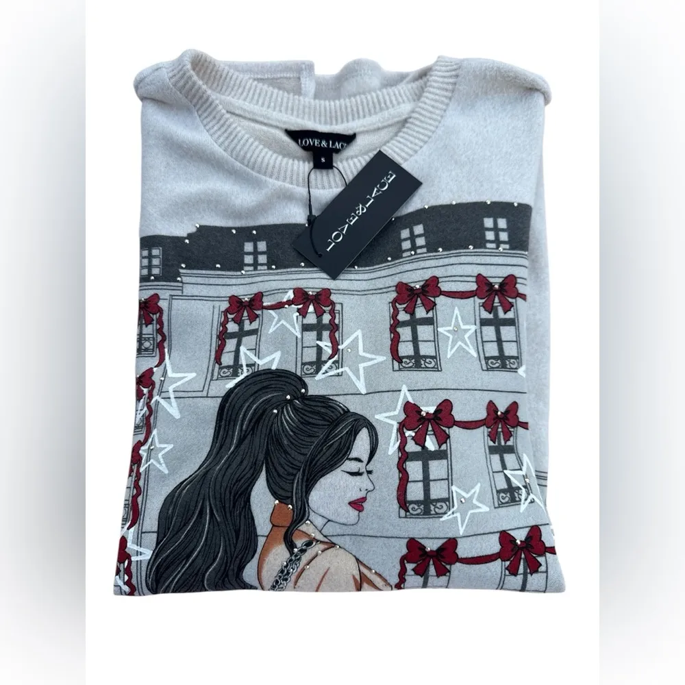 NWT Love & Lace Elegant Cream Sweater with Fashion Graphic size small Black - Image 9