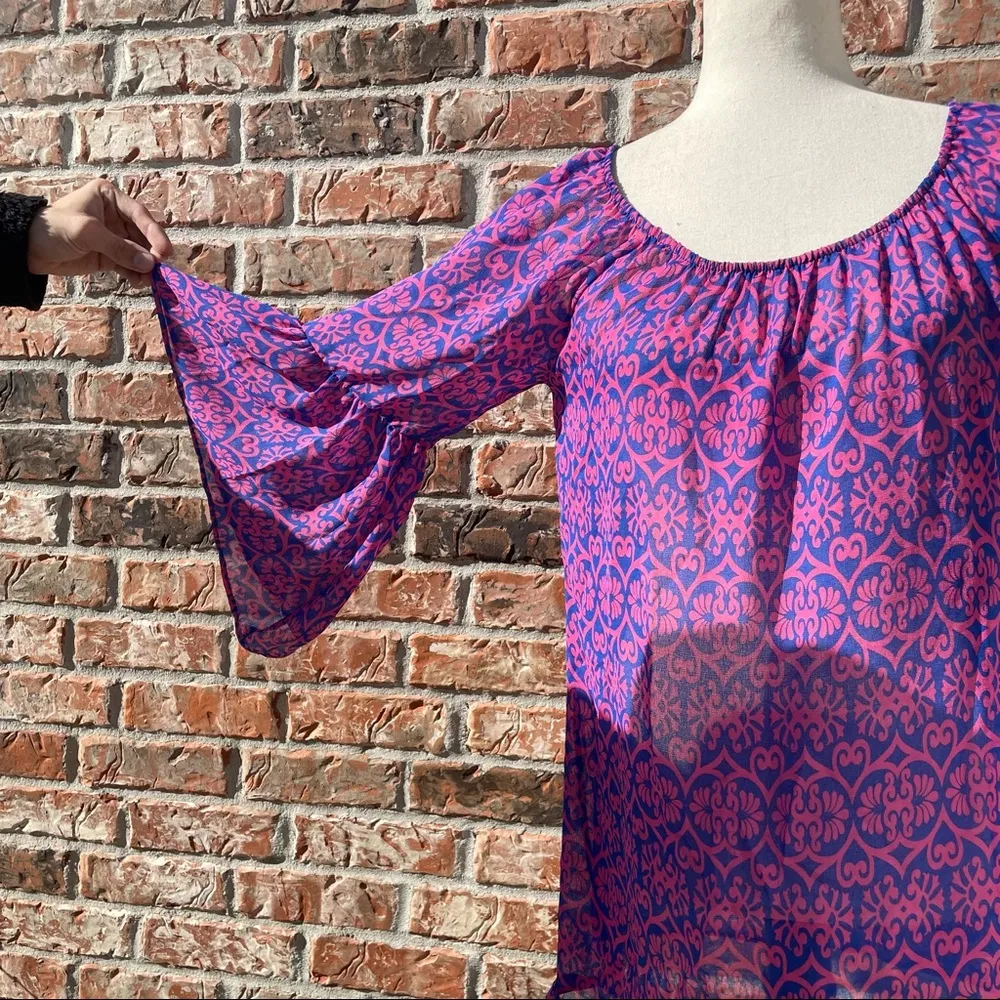 Vintage purple floral tunic with fan sleeves / S / Excellent condition - Image 2