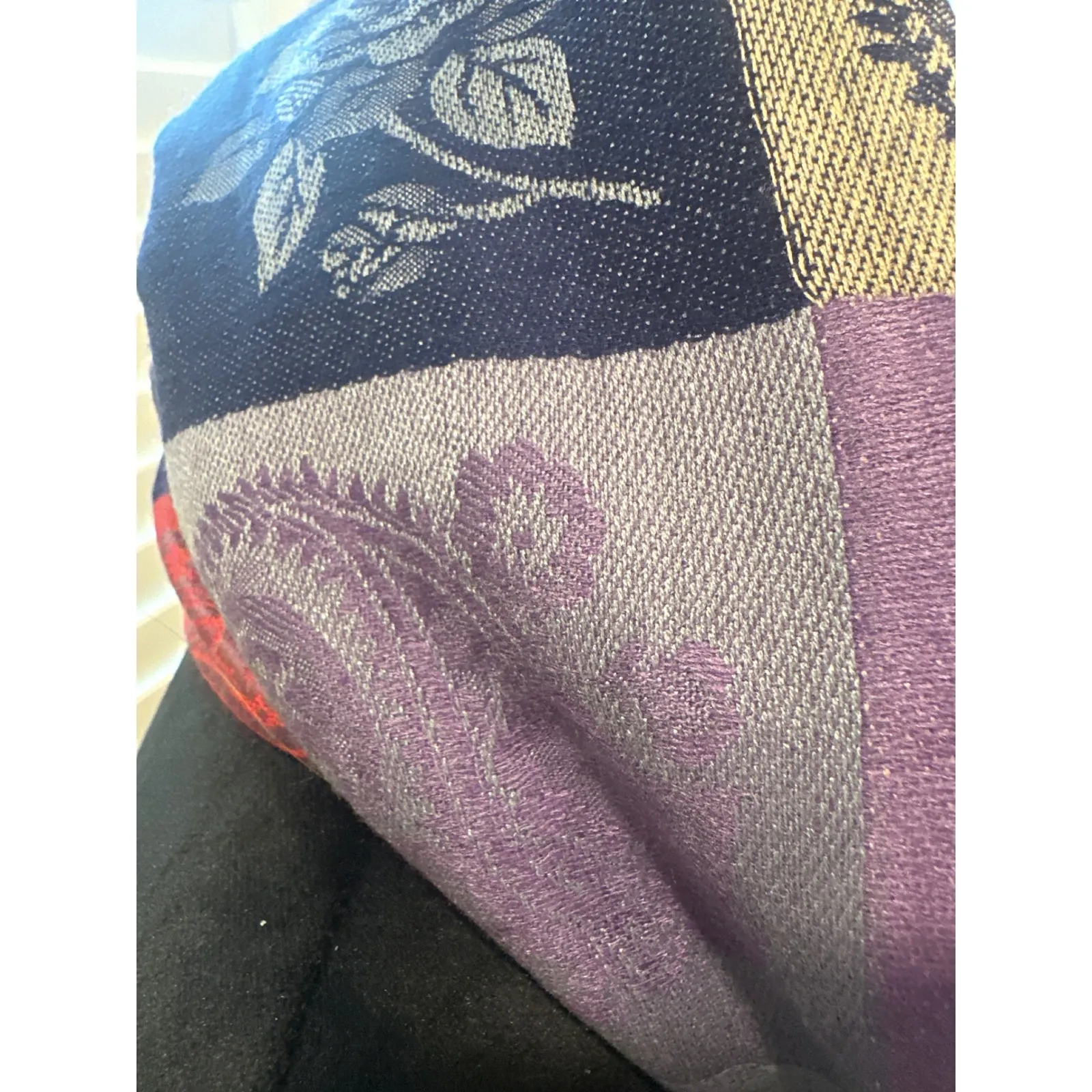 100% Pashmina Scarf Patchwork Floral Print Purple Gold Blue Fringe boho winter - Image 4