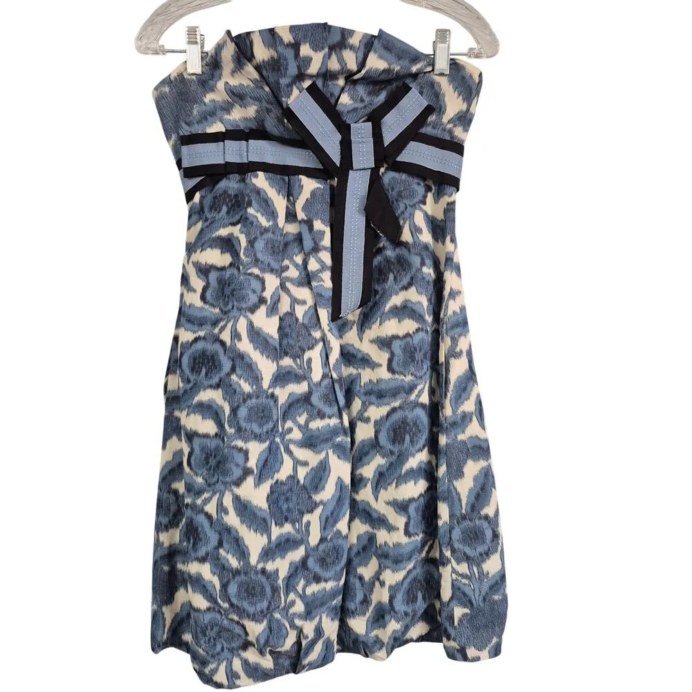 BCBGMaxaria Dress Size 2 Blue Short Balloon Style Bow Strapless Floral Prom - Image 2