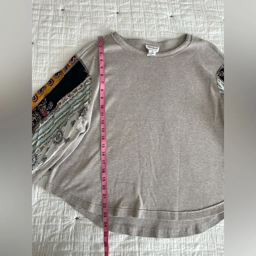 FOR THE REPUBLIC Waffle Knit Mixed Print Balloon Sleeve Bohemian Top Size M - Image 9