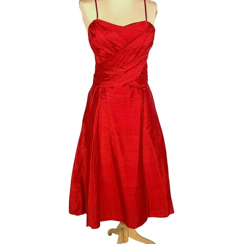 Watters & Watters Red Silk Midi Bridesmaid Dress 10 Strapless/Convertible Pleat - Image 2